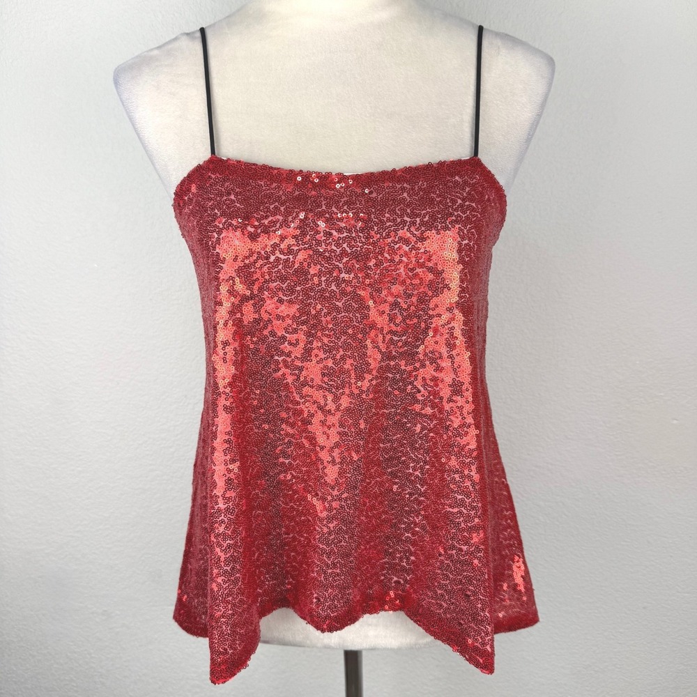 HAODUOYI Red Full Sequin Cami Top Adjustable Spaghetti Straps Flowy Size Medium